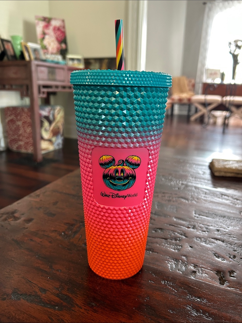 Starbucks Teal Pink Orange Studded Ombre Tumbler with Rainbow Straw